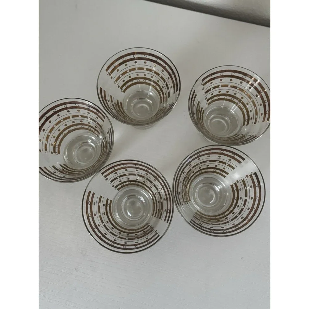 5 Vintage MCM Art Deco Dessert Cocktail Martini Glasses Flared Gold Rim 1960s